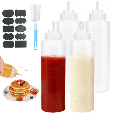 4er-Set Quetschflaschen 1000 ml mit Reinigungsbürste und Aufklebern
