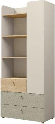 Produktbild von Regal 3 YUKI 80 cm mit 3 Schubladen Türen offene Einlegeböden Bücherregal Kinderzimmer Standregal Beige/Grau/Braun/Eukalyptus
