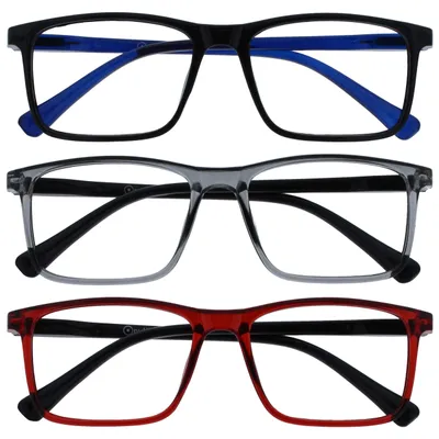 Produktbild von OPULIZE Ink Lesebrille - 3er Pack - Großer Rechteckiger Rahmen - Kratzfest Schwarze Grau Rot Herren Damen - Federscharniere - RRR4-17Z - +3.00