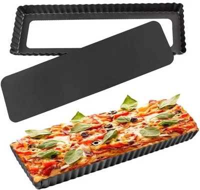 Zdjęcie produktu dla Ibenzoa® Zestaw 2 prostokątnych form do pieczenia z powłoką antyprzywierającą, o wymiarach 35,5 cm, z wyjmowanymi dnem i falistymi brzegami – idealne do quiche, tart i pizzy