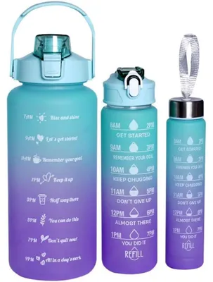 Zdjęcie produktu dla Zestaw sportowych butelek na wodę, 3 sztuki: 2000 ml, 900 ml, 300 ml – butelki z słomką i oznaczeniami czasowymi