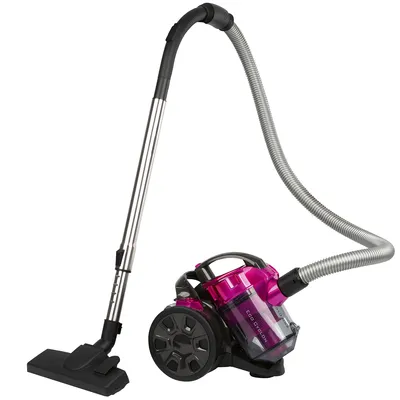A pink and black cylinder vacuum cleaner is shown against a white background.