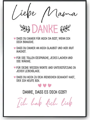 Produktbild von Danke Mama Bild DIN A4 Poster Kunstdruck personalisierbar Muttertag Geschenk Danksagung Beste Mutter Wandbild – DIN A4 mit Rahmen | Schwarz