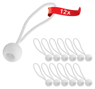 A set of 12 white bungee cords with plastic balls, arranged in two rows on a white background.
