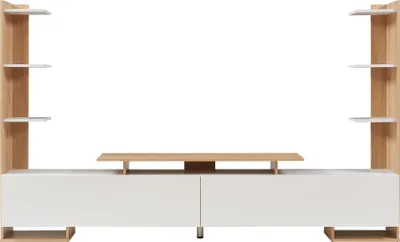 Produktbild von Fernsehschrank 'Rauki' mit Seitenregalen 233 x 31 x 141 cm Weiß/Eicheoptik