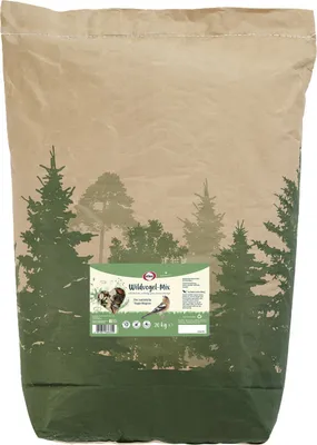 A large bag of birdseed with a forest graphic.