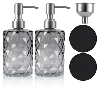 Image de Distributeur de savon en verre, 330 ml, gris, lot de 2 avec entonnoir et sous-verres