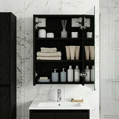 Image de vidaXL Armoire miroir pour salle de bain, noire, imitation chêne, 43 x 16 x 62,5 cm