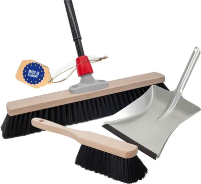 Produktbild von Novaliv Saalbesen 40 cm mit Teleskopstiel Borsten Kunstborsten inkl. Kehrgarnitur verzinkt mit Gummilippe bestehend aus Kehrblech und Handfeger besen fein Werkstattbesen Industriebesen mit Stiel