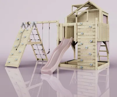 Produktbild von OutdoorToys Outdoor Spielturm mit Wellenrutsche, Spielhaus aus Holz mit Kletterwand, Kletternetz, Ausführung: Kinderschaukel, Farbe: Altrosa, mit Kinderschaukel