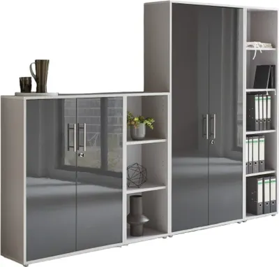 Produktbild von Aktenschrank TABOR 4 in lichtgrau / anthrazit Hochglanz, Schrankwand, Büroschrank, abschließbar, Metallgriffe