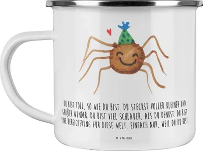 Produktbild von Mr. & Mrs. Panda Teetasse Spinne Agathe Party - Weiß - Geschenk, Haferl, Glück, Motivation, Emaille Tasse, Selbstliebe, Pott, Teebecher, Becher, Wunder