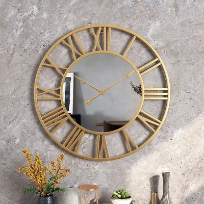 Produktbild von Runde Metall-Wanduhr mit Spiegel, europäischer Stil, leiser Sekundenzeiger, Ø 40 cm Gold