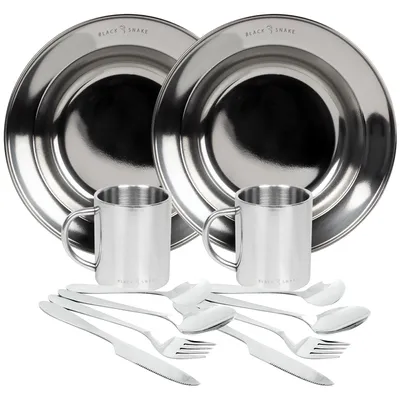Produktbild von Black Snake® tiefer Camping Picknick Teller mit 'lunch' Besteck inklusive Tasse aus Edelstahl - 2 Personen - Set