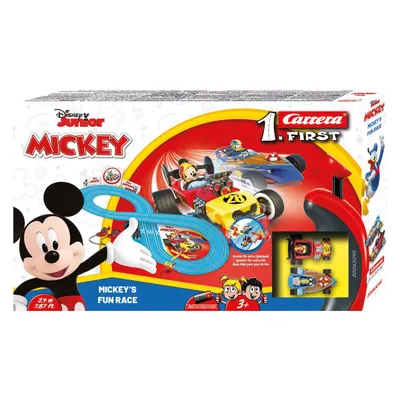 The image shows the packaging of a Mickey Mouse themed Carrera First race track toy set.
