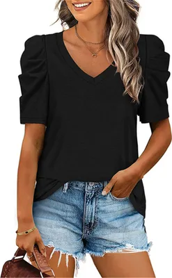 Produktbild von ASKSA Damen T-Shirt Sommer V-Ausschnitt Bluse Lässige Tunika Tops Puffärmel Shirts Einfarbig Oberteil , Schwarz, XXL