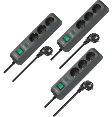 Produktbild von Brennenstuhl 3er Set Eco-Line Steckdosenleiste 3-fach mit Überspannungsschutz (Mehrfachsteckdosen mit erhöhtem Berührungsschutz, Schalter und 1,5m Kabel) anthrazit