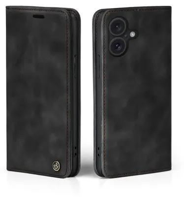 A black flip case for a smartphone is shown from two angles.