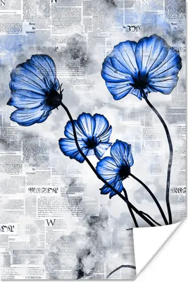 Produktbild von MuchoWow® Poster Blumen - Zeitungspapier - Blau 40x60 cm - Plakate für die Wand - Poster Babyzimmer
