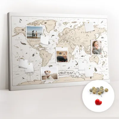 Obrázek produktu pro Korková nástěnka s kolíčky - Tabule s kolíky pro fotografie a poznámky - 120x80 cm - Připínáčky kovové 100 kusů - Vintage mapa světa
