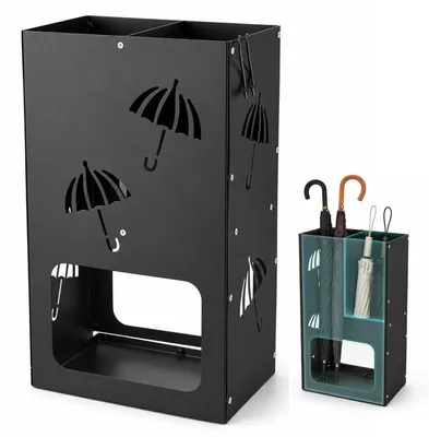 Immagine prodotto di Portaombrelli in metallo, con 2 scomparti, 2 ganci e vaschetta di raccolta dell'acqua, dimensioni 25x49x15 cm