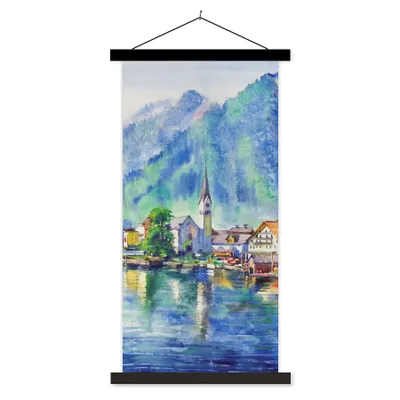 Produktbild von MuchoWow® Textilposter Gemälde - Ölfarbe - Haus - Berge - Wasser 60x120 cm mit schwarzem Rahmen - Magnete