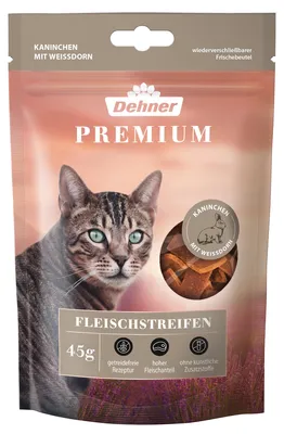 Produktbild von Dehner Premium Katzensnack Fleischstreifen, Kaninchen mit Weißdorn, 45 g