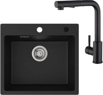 A black granite kitchen sink with a black pull-out faucet on a white background.