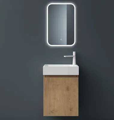 Produktbild von Mai & Mai Badmöbelset Badezimmermöbel bestehend aus Waschbecken LED-Spiegel und Waschbeckenunterschrank in Kerneiche, BTH: 46x26x63cm Pisa02