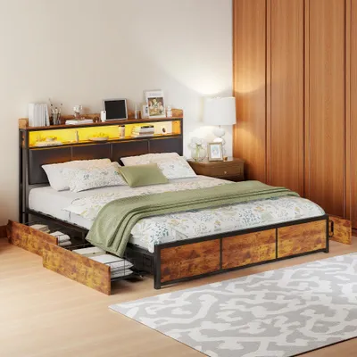 Produktbild von INONEFT Metallbett 160x200 cm mit LED Beleuchtung, Doppelbett mit 4 Schubladen, Bettgestell mit Kopfteil und Lattenrost, Ohne Matratze, PolyurethanSchwarz