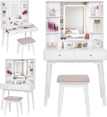 Image de Coiffeuse à LED pour filles - Coiffeuse à 5 tiroirs avec miroir - Coiffeuse blanche à roulettes