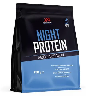 Produktbild von Casein Protein Pulver Nachtprotein | XXL Nutrition Night Protein Schokolade 750 g | Micellar Casein Eiweißpulver Shake für Muskelerhalt über Nacht
