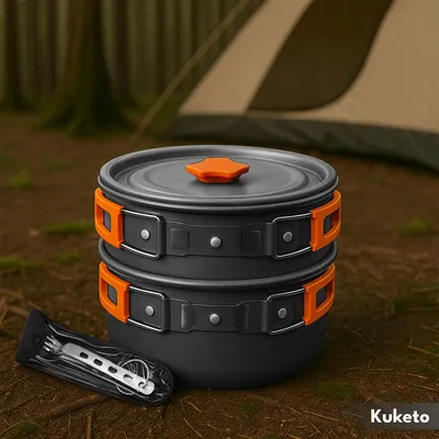 Camping cookware set with cutlery in a forest setting with a tent in the background.