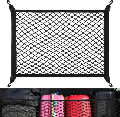 Produktbild von Gep?cknetz Auto, Kofferraumnetz mit 4 Haken, Kofferraum Netz 60 x 40 cm Erstreckt Sich auf 120 x 80 cm, Gep?cknetz Wohnmobil, Trennnetz Gep?ckfixierung, Elastisches Netz fš¹r die Meisten Autos