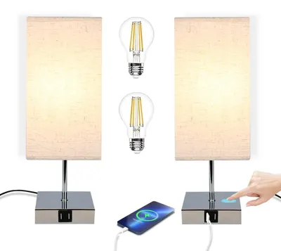 Image de ZMH Lot de 2 lampes de chevet Lampe de table tactile à intensité variable USB Vintage Lampe de table avec fonction de charge Rechargeable E27 Blanc chaud Veilleuse avec abat-jour en tissu Lampe de bureau pour le salon Chambre à coucher