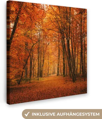 Produktbild von MuchoWow® - Leinwandbilder - Herbst - Rot - Wald, Wandbild, Wanddeko Bilder Wohnzimmer, 90x90 cm