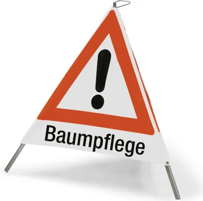 Produktbild von Faltsignal mit Symbol Gefahrenstelle und Text "Baumpflege", 700 mm Seitenlänge