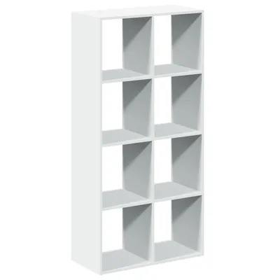 A white, multi-compartment shelving unit against a white background.