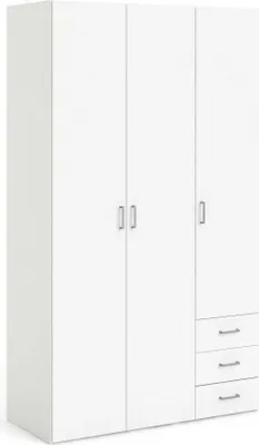 Produktbild von Kleiderschrank mit drei Türen und drei Schubladen, Farbe Weiß, Maße 115 x 200 x 49 cm