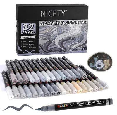 Produktbild von Acrylstifte Set 32 Stück Pinselspitze Wasserfest 1-5mm für Steine Holz Stoff Glas Grau