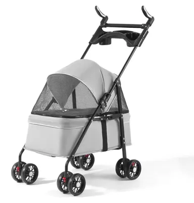 Immagine prodotto di Carrello pieghevole per animali domestici - adatto per cani e gatti - con portabicchieri - realizzato in tessuto Oxford 300D impermeabile - dotato di 4 ruote - colore grigio