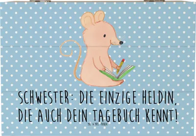 Produktbild von Mr. & Mrs. Panda Geschenkbox Schwester Heldin 22 x 15 cm - Blau Pastell - Geschenk, Aufbewahrungsbox Holz, Familie, aus, fotobox, Truhe, Verwandte, Familiengeschenk