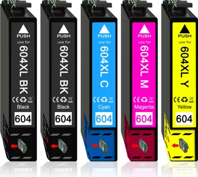 Five ink cartridges lined up against a white background.