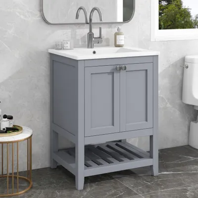 Produktbild von okwish Badezimmerschränke Badmöbel Einzel Waschtisch mit Unterschrank 60cm mit Keramik-Waschbecken,Grau