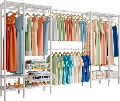 Imagen del producto de Perchero resistente para ropa, con 2 cestos, 6 estantes, (249-297) x 40 x 192 cm
