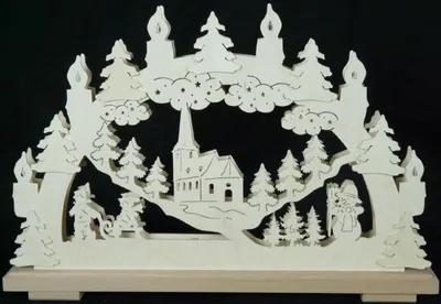 Produktbild von Schwibbogen mit Kirche Schlitten Schneemann und Beleuchtung BxHxT 50x34x7cm NEU