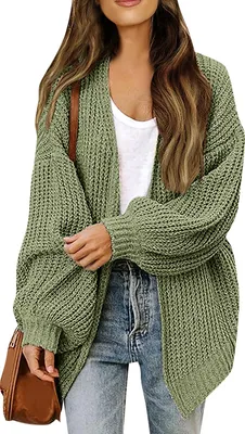 Produktbild von ASKSA Damen Cardigan Strickjacke Offene Front Strickpullover Elegant Laternenaermel Einfarbig Oversized Casual Strick Cardigan Strickmantel,Gruen,M