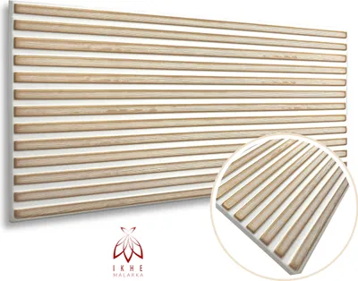 A panel with horizontal wooden slats on a white background, with a close-up inset.