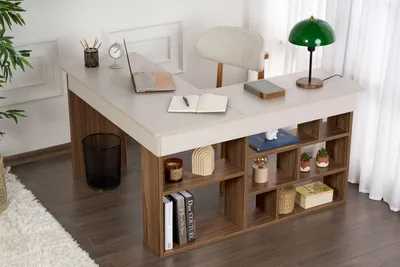 Produktbild von Skye Decor, Moderner Schreibtisch aus 100% melaminbeschichtetem Spanplatten, 130 x 72 x 120 cm, in Cashmere und Walnuss | 18 mm dick | Ideal für Home Office & Studium, stilvolles Design.