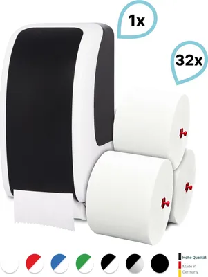 Produktbild von SET: 1x Toilettenpapierspender Doppelrollen Blanc Cosmos verschied. Farben + 32 Toilettenpapierrollen Long Life 3L - PRODUKTSET : Farbe - Schwarz / Weiß Farbe: Schwarz / Weiß